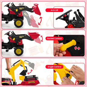 3 in1 Kids Ride On Excavator, Pedal car Bulldozer with 6 Wheels & Detachable Trailer