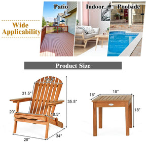 3 Pieces Foldable Wooden Adirondack Lounger Chair Set with Widened Armrest and Side Table