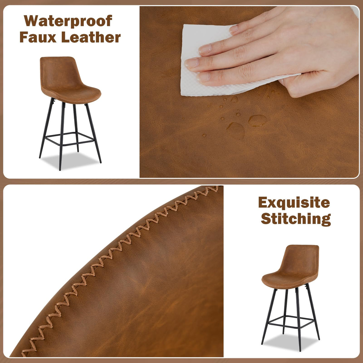 Counter Height Bar Stools Set of 2, 61 CM Bar Chairs with Backs and Footrests