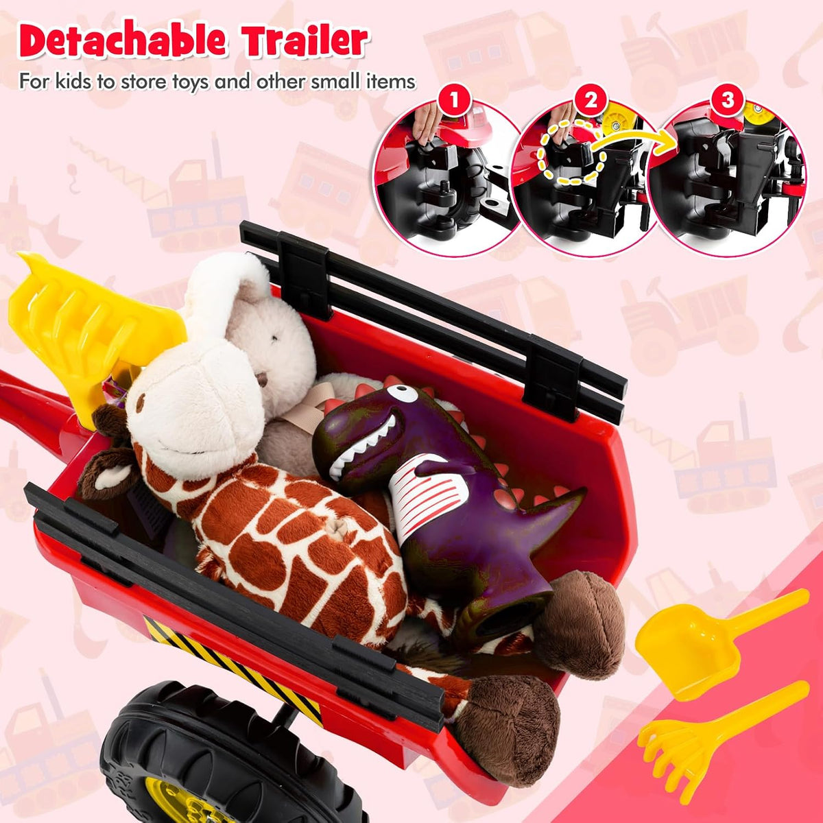 3 in1 Kids Ride On Excavator, Pedal car Bulldozer with 6 Wheels & Detachable Trailer