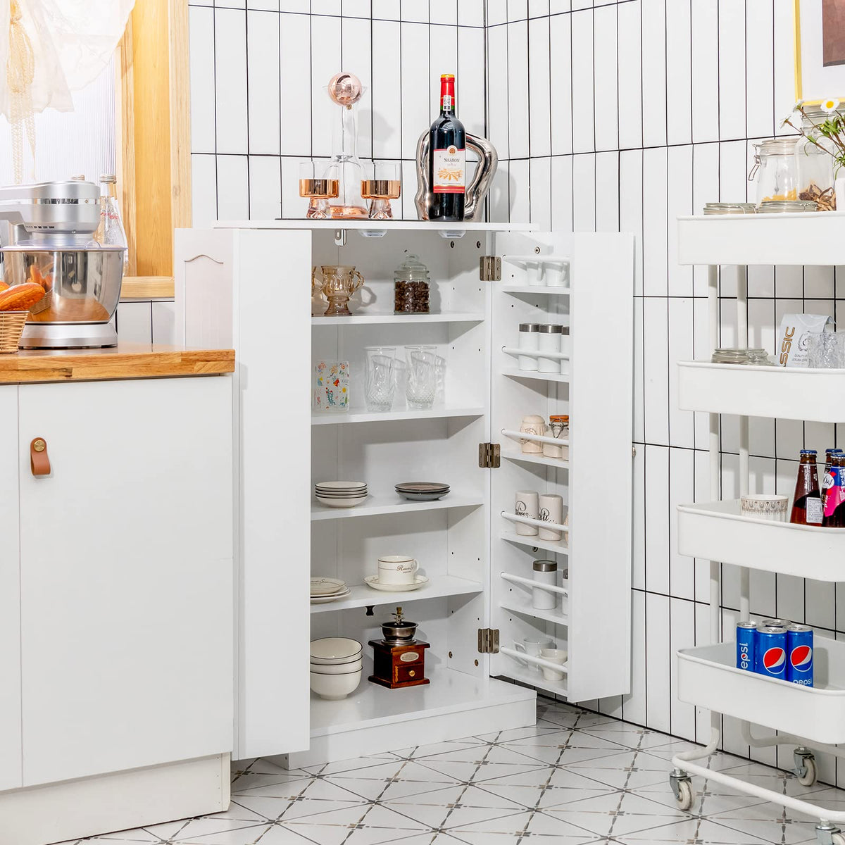 Kitchen Pantry Cabinet, Multifunctional Cupboard w/ 2 Doors & 17-Tier Shelves