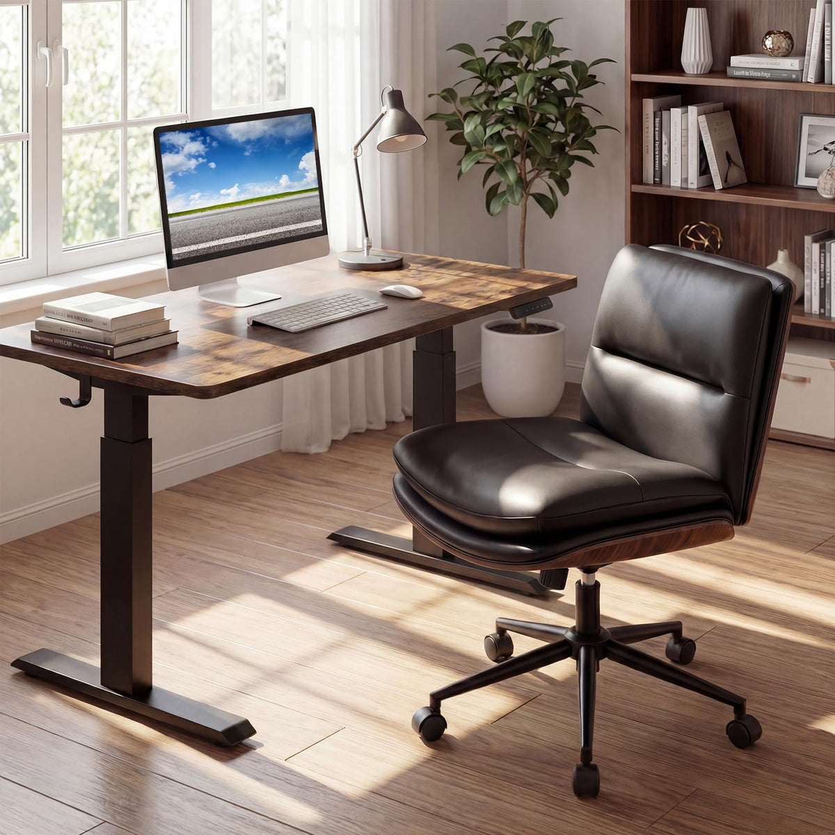 Vanity Office Chair with Wheels, Height Adjustable Swivel Task Chair w/ Curved Backrest & Padded Seat