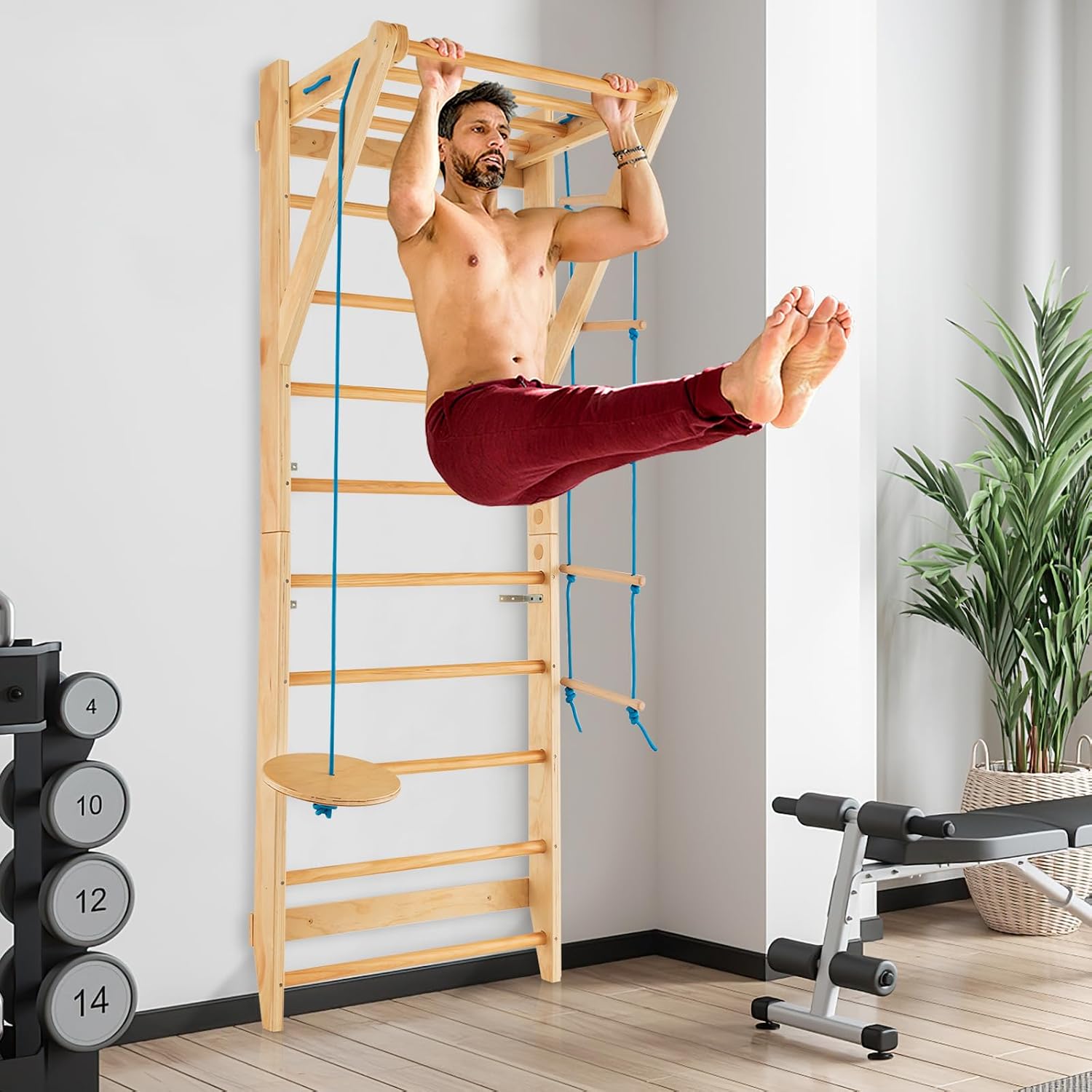 Wood Stall Bar, Swedish Ladder with Swedish Wall & Pull Up Bar & Rope Ladder & Trapeze