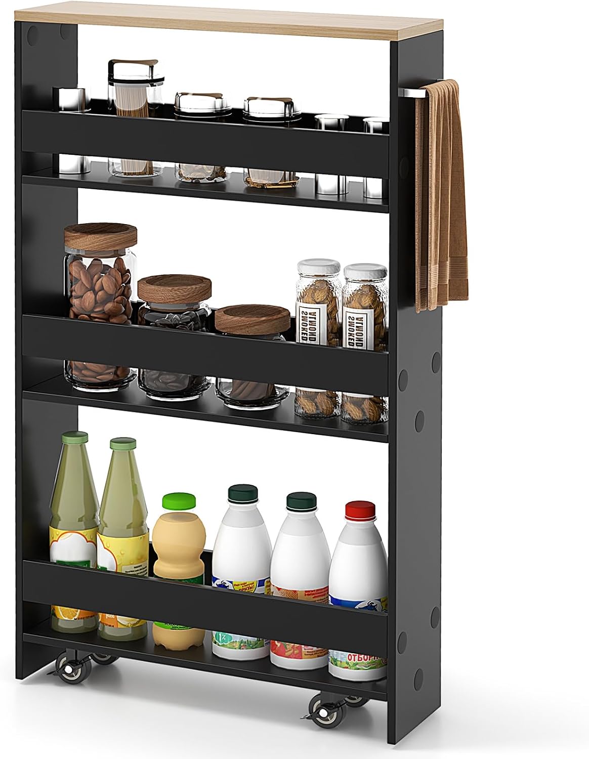 Slim Storage Cart w/Handle, 4-Tier Slide Out Utility Cart, Shelving Unit Organizer Trolley for Narrow Places