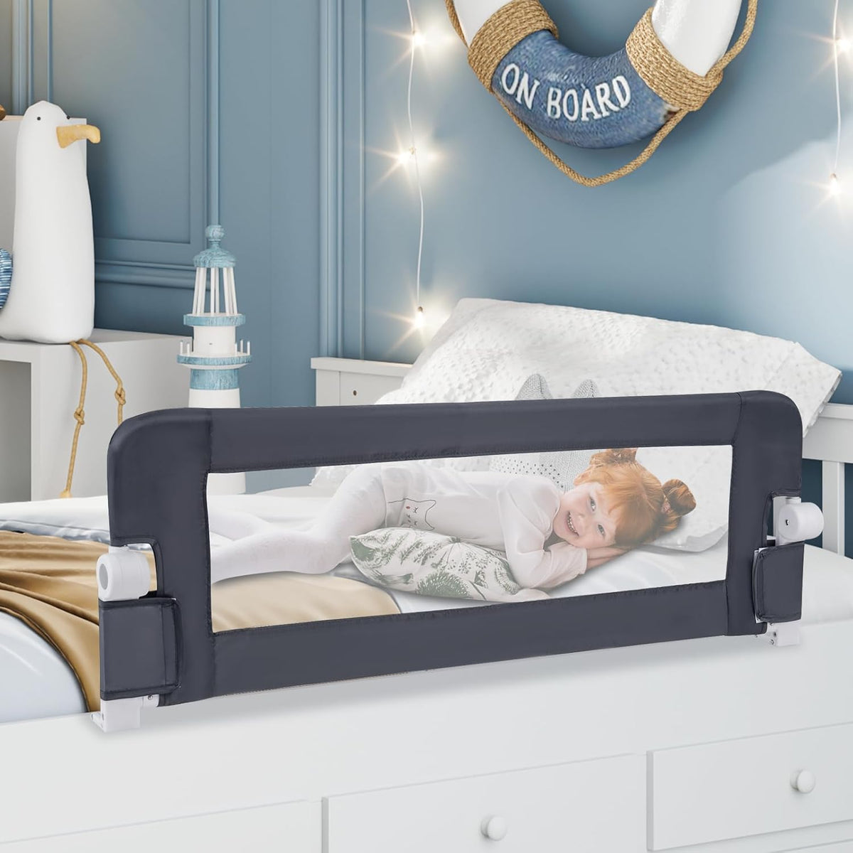 120*42.5 cm Bed Rail Guard for Toddlers, Universal Baby Fold Down Bed Rail w/Adjustable Safety Strap
