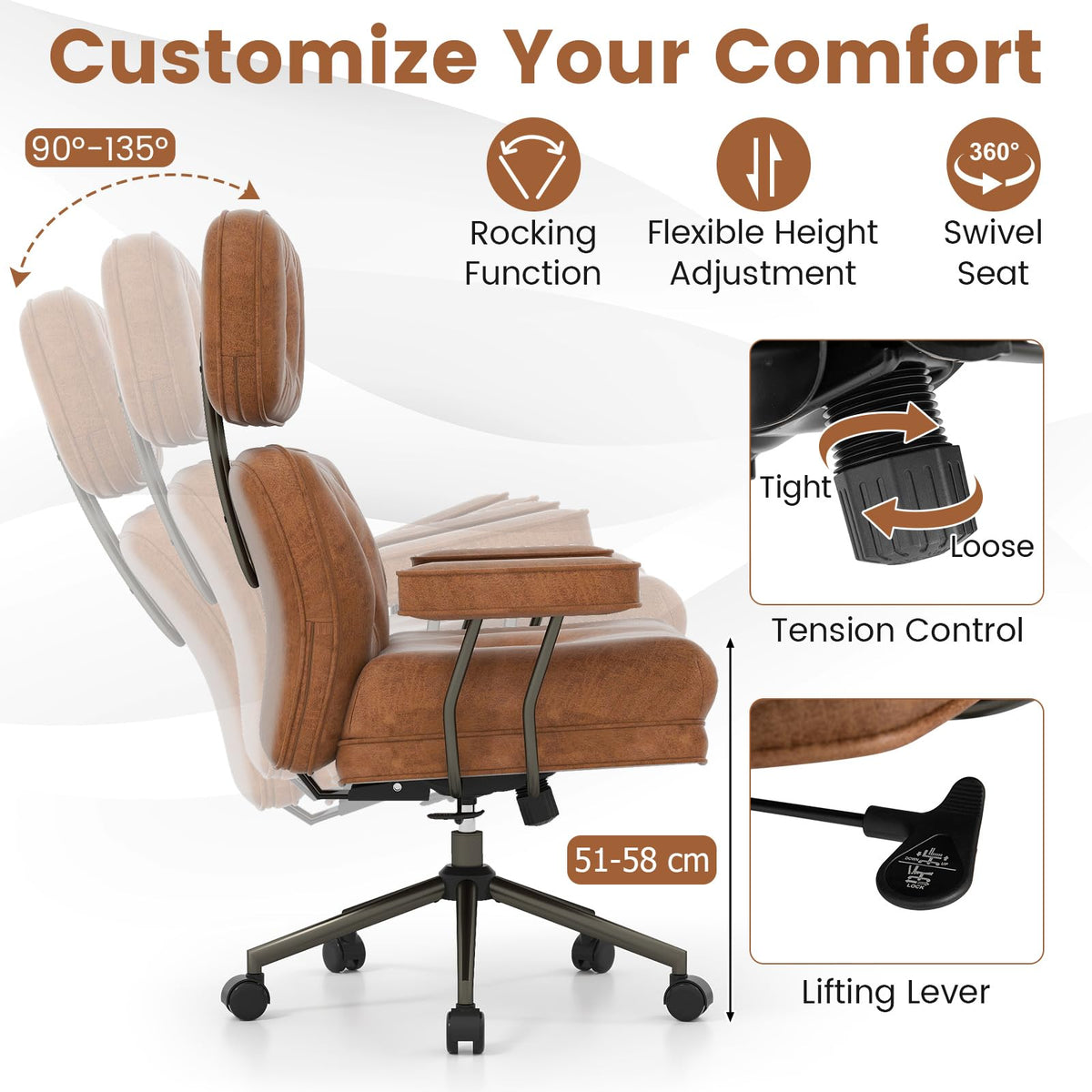 Ergonomic Home Office Chair, Mid Century Modern Suede Fabric Computer Desk Chair w/ Wide Tufted Seat