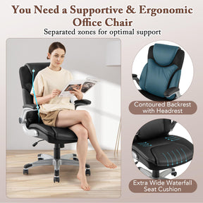 Executive Office Chair, PU Leather Ergonomic Desk Chair with Flip-up Armrests and Height Adjustable