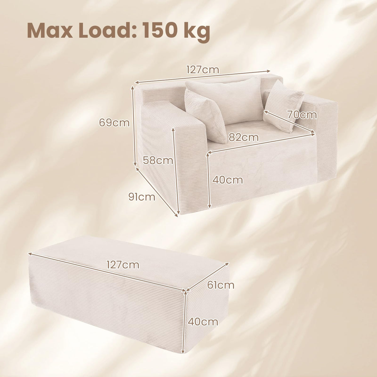 Single Foam Sofa with Ottoman, Boneless Floor Lounge Chair with Pillows for Small Spaces