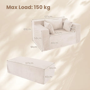 Single Foam Sofa with Ottoman, Boneless Floor Lounge Chair with Pillows for Small Spaces
