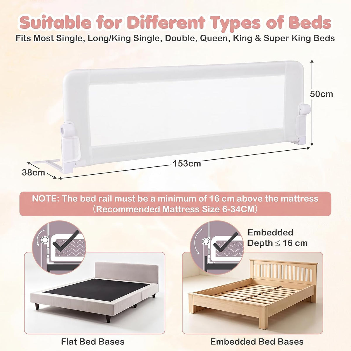 Swing Down Bed Guard with Adjustable Safety Strap for Single, Long/King Single, Double, Queen, King & Super King Beds, 1-Pack