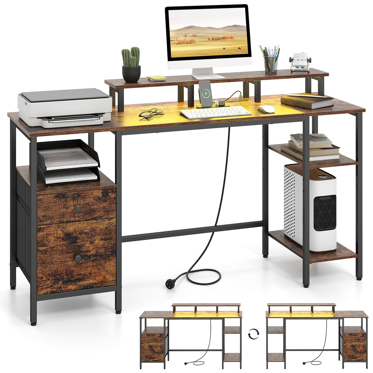 Reversible Office Desk with Charging Station and LED Light Strip