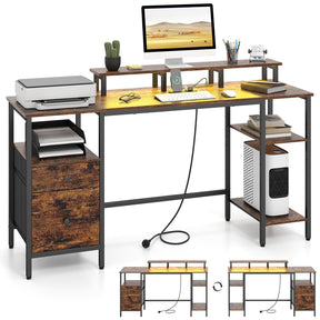 Reversible Office Desk with Charging Station and LED Light Strip