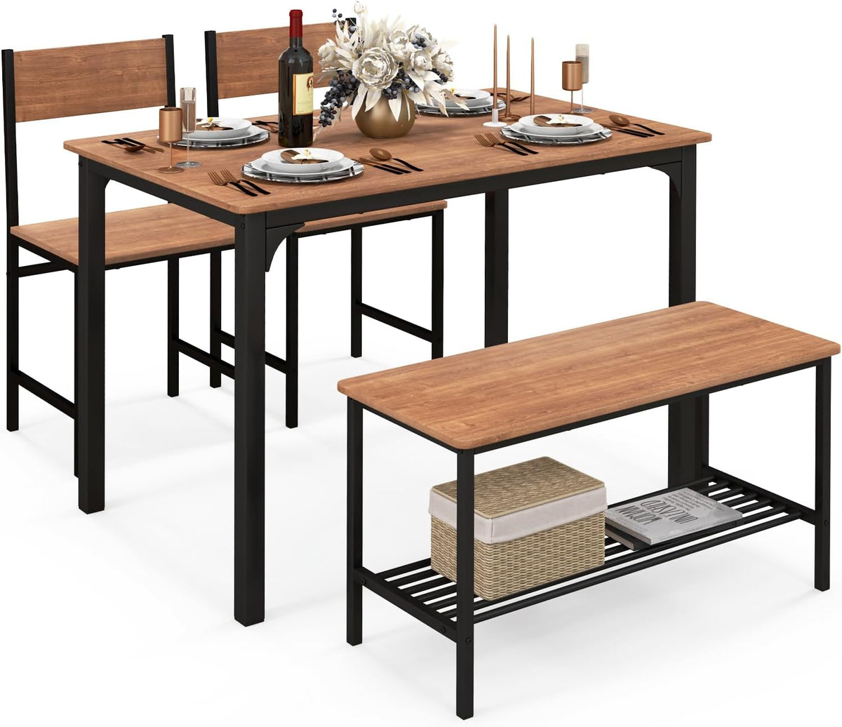 4-Piece Dining Table Set, Kitchen Table with 2 Chairs & a Bench