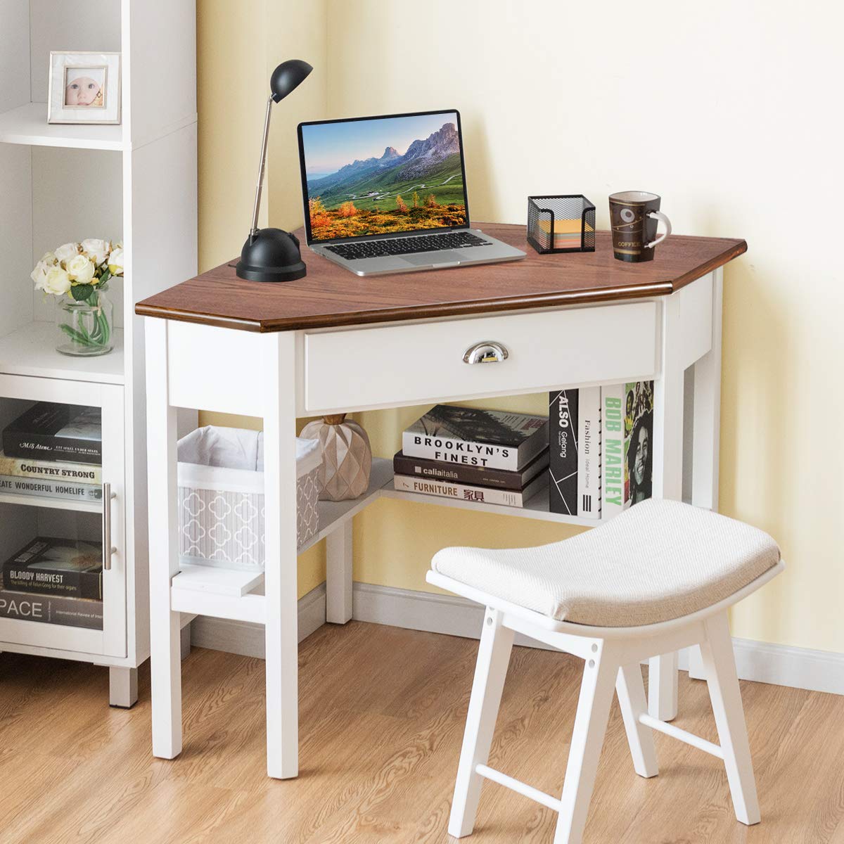 Wood Corner Computer Desk, Compact Writing Table w/Drawer & Shelves