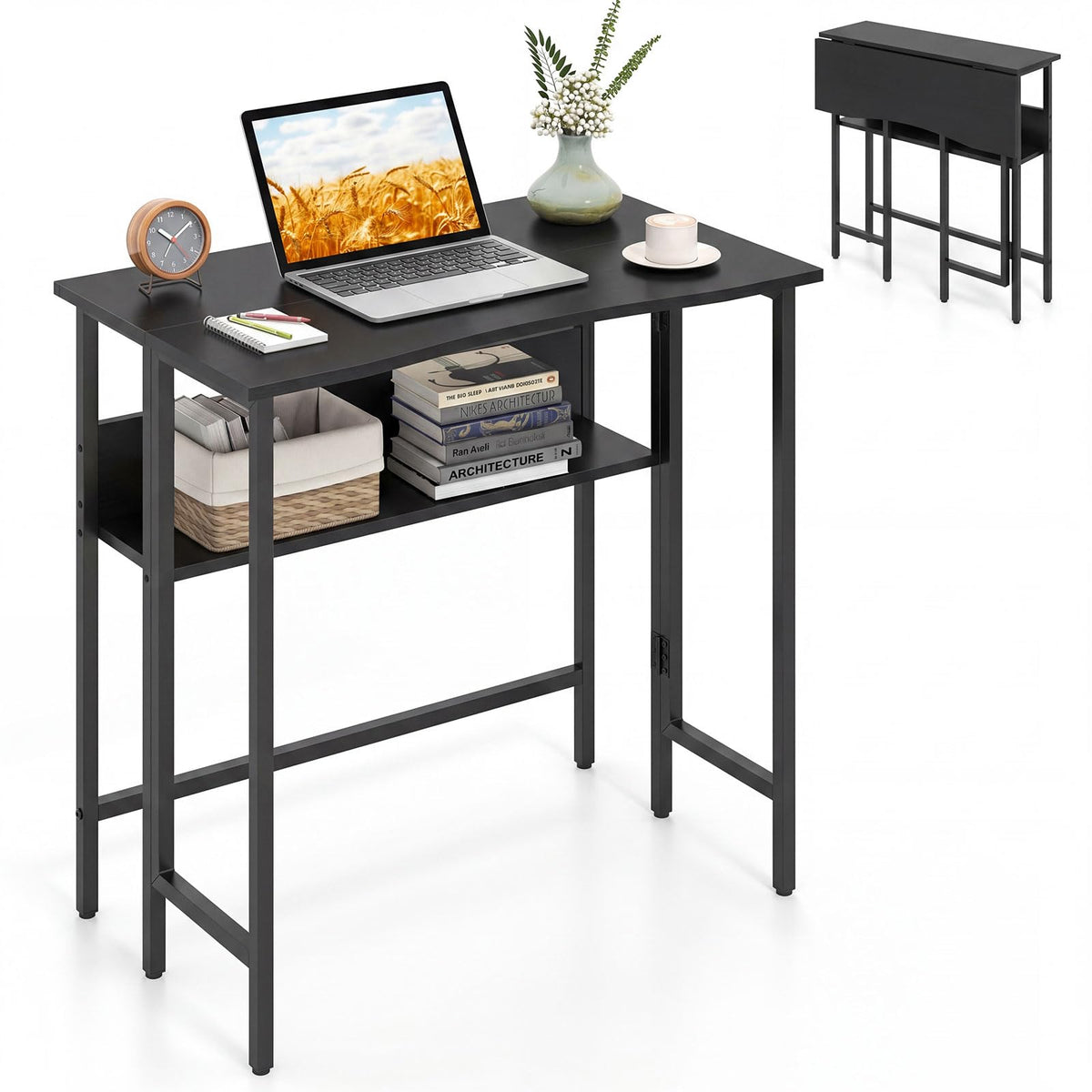 Small Folding Desk, 80 CM Computer Desk w/ Storage Shelf, Drop Leaf, & Metal Legs
