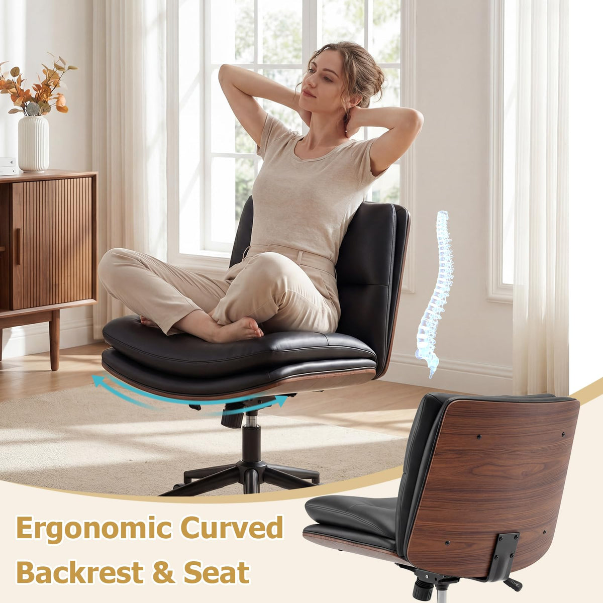 Vanity Office Chair with Wheels, Height Adjustable Swivel Task Chair w/ Curved Backrest & Padded Seat