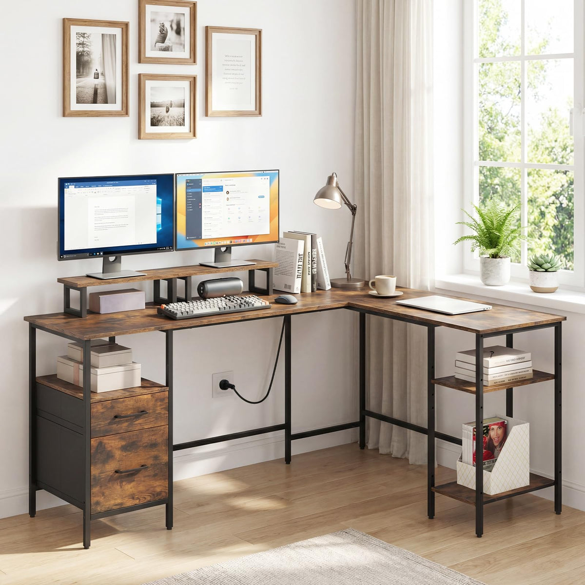 L-shaped Desk with Power Outlets, Reversible Corner Desk with Monitor Stand