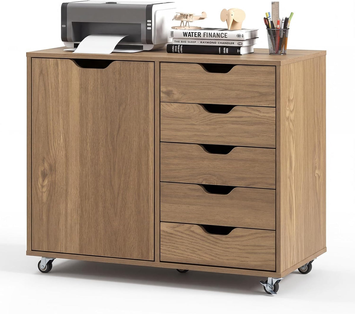 5-Drawer Chest with Door, Mobile File Cabinet with 5 Casters & Adjustable Shelf, Rolling Chest of Drawers Printer Stand