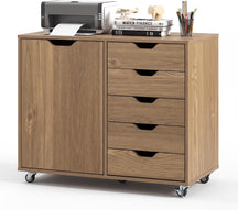 5-Drawer Chest with Door, Mobile File Cabinet with 5 Casters & Adjustable Shelf, Rolling Chest of Drawers Printer Stand