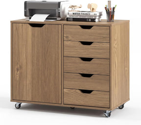 5-Drawer Chest with Door, Mobile File Cabinet with 5 Casters & Adjustable Shelf, Rolling Chest of Drawers Printer Stand