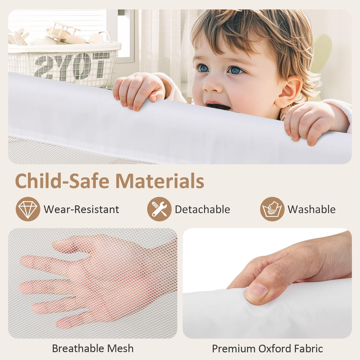 Foldable Bed Rail for Toddlers, Baby Bed Rail Guard w/ Detachable Oxford Fabric Cover & Additional Y-shaped Strap
