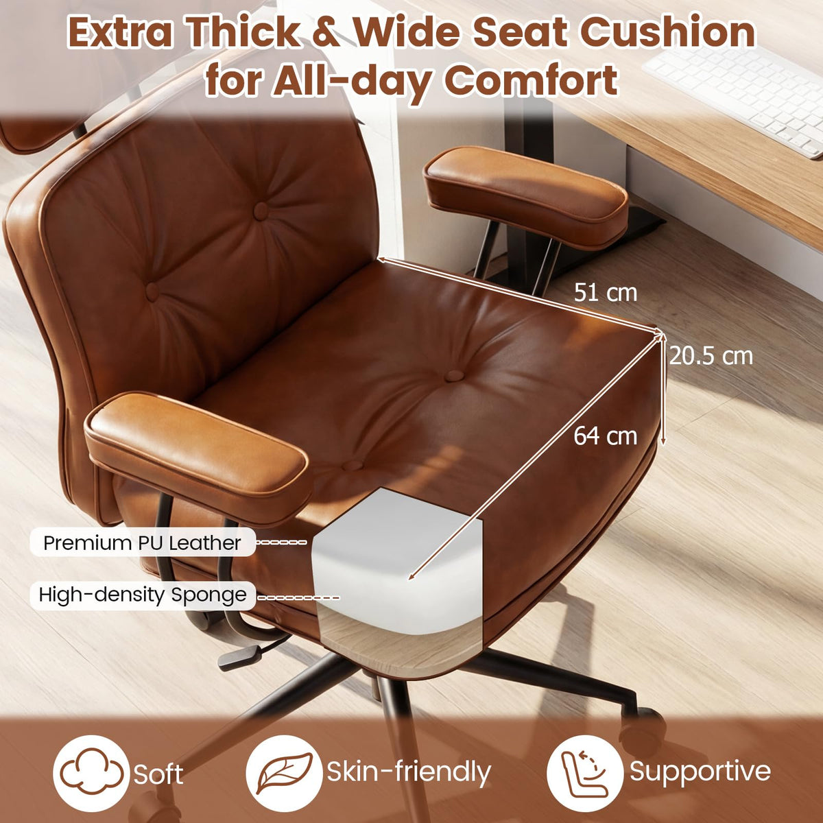 Ergonomic Home Office Chair, Mid Century Modern Computer Desk Chair w/ Wide Tufted Seat
