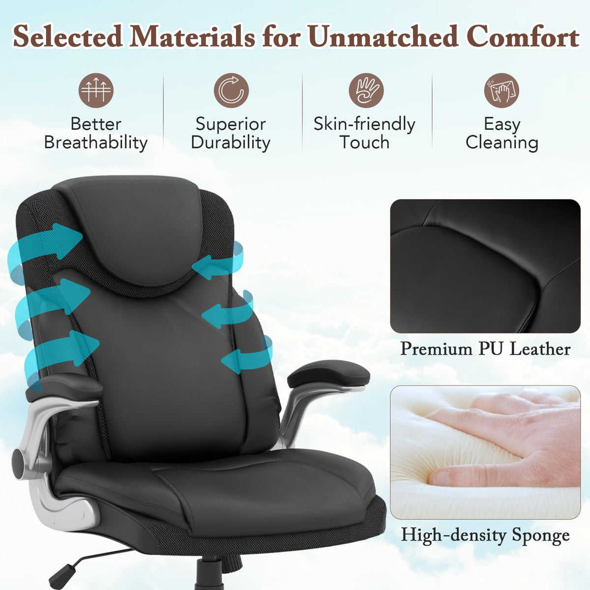 Executive Office Chair, PU Leather Ergonomic Desk Chair with Flip-up Armrests and Height Adjustable