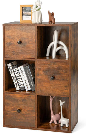 Giantex 3-Tier Bookshelf with 3 Cubes & 3 Drawers, Storage Organizer with Anti-toppling Device