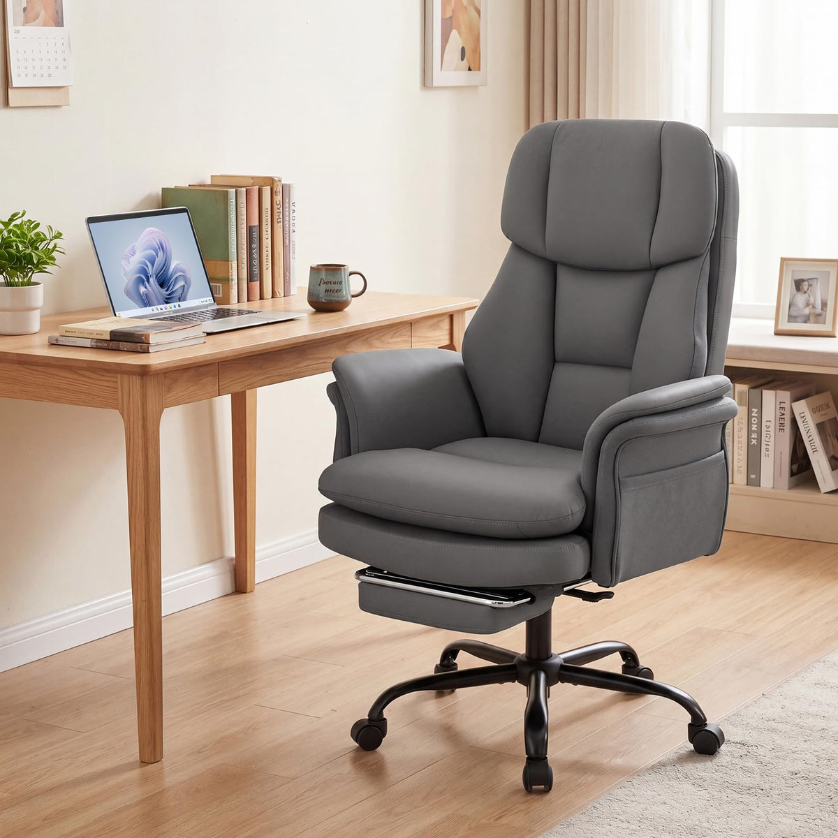 Ergonomic Cross Legged Office Chair, Big & Tall Executive Chair w/Retractable Footrest & 5-Level Adjustable Armrests