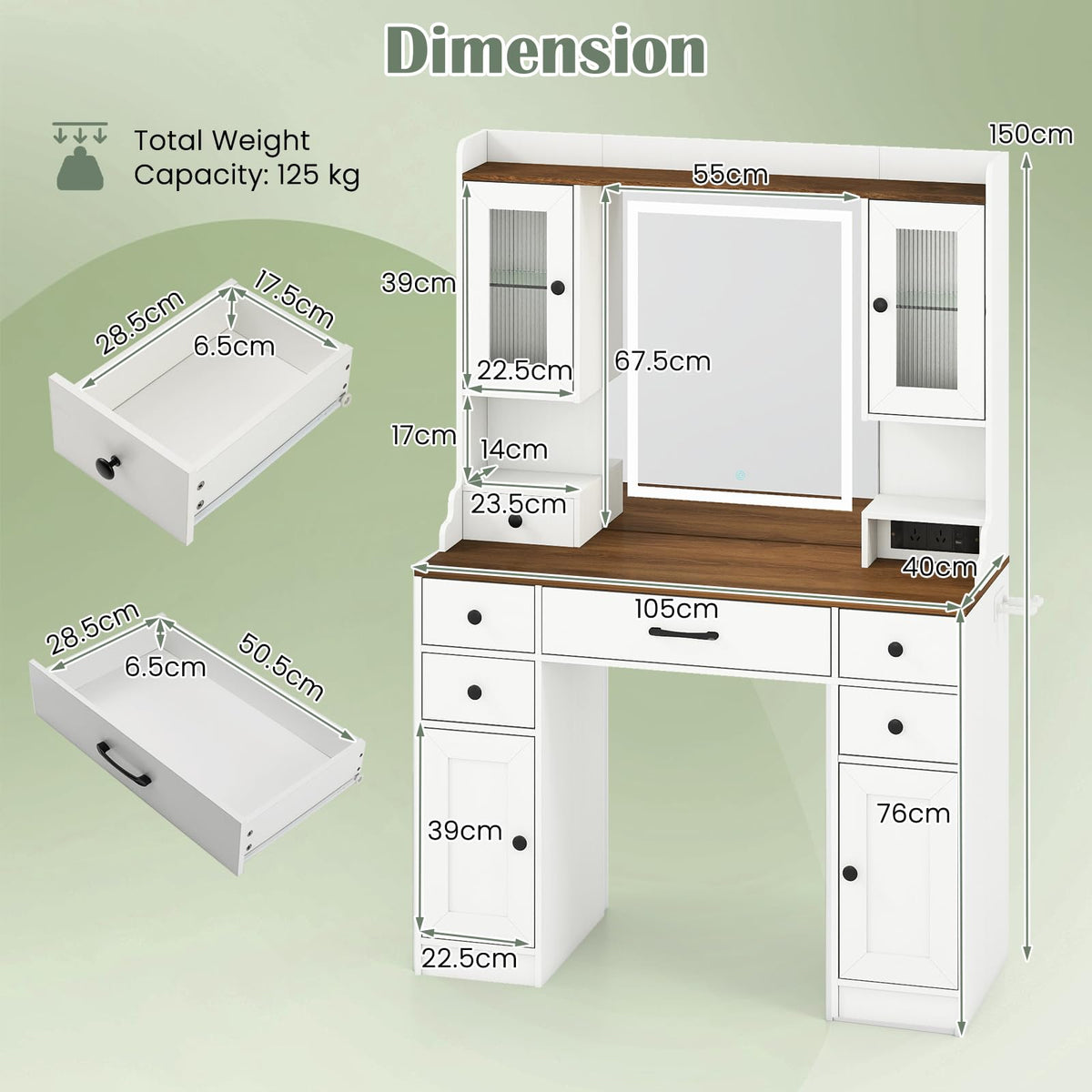 Vanity Desk with Mirror and Lights, Modern Dressing Table with Charging Station