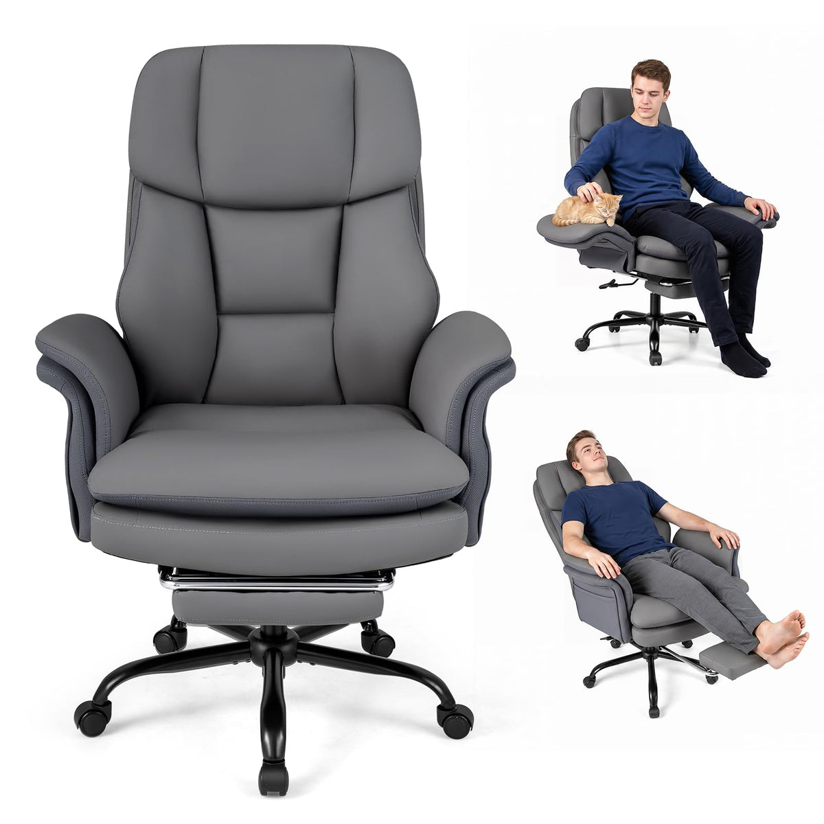 Ergonomic Cross Legged Office Chair, Big & Tall Executive Chair w/Retractable Footrest & 5-Level Adjustable Armrests