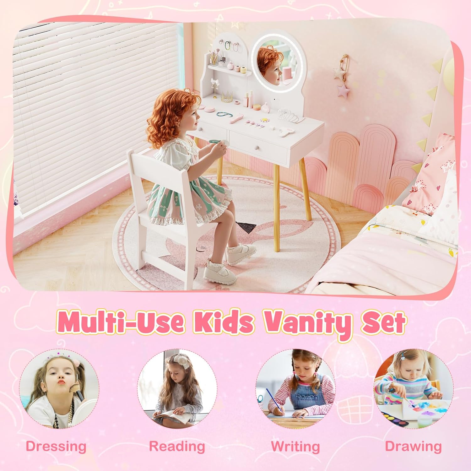 Kids Vanity Set, Princess Dressing Table with Chair