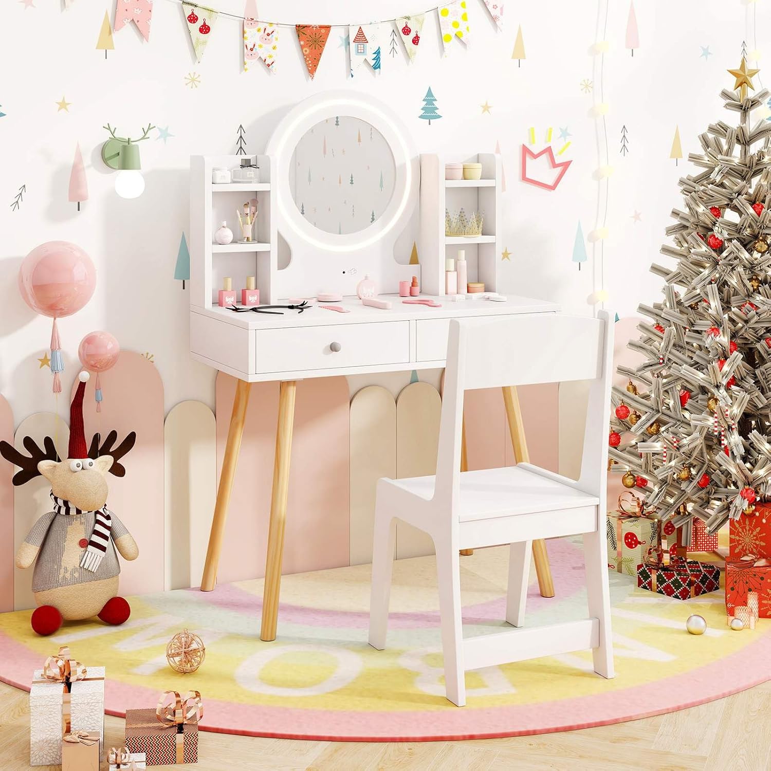 Wooden Kids Vanity Set, Princess Dressing Table and Chair Set with 2-Color Front Lit Mirror