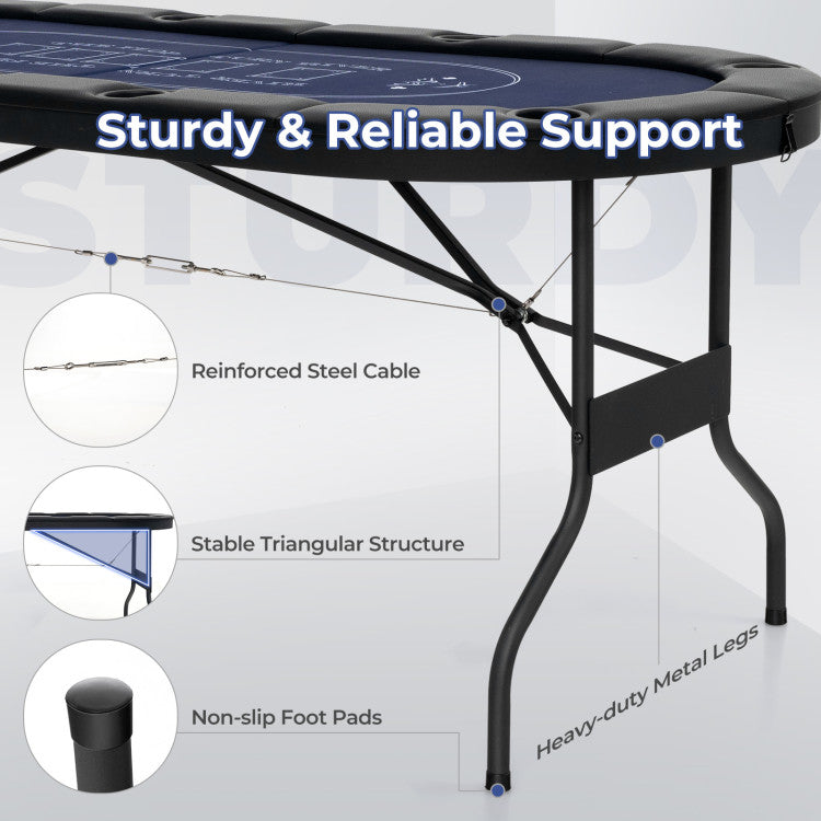 72 Inch Foldable Poker Table Portable 8 Players Card Board Game Casino Tabletop Oval Blackjack Table with Cup Holders and Anti-Slip Footpads