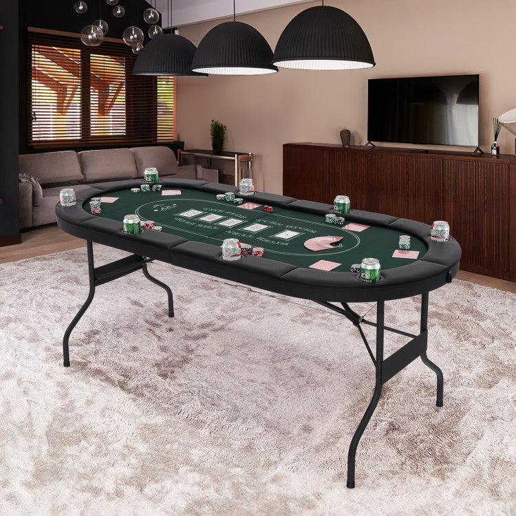 72 Inch Foldable Poker Table Portable 8 Players Card Board Game Casino Tabletop Oval Blackjack Table with Cup Holders and Anti-Slip Footpads