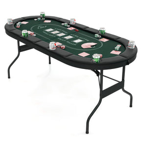 72 Inch Foldable Poker Table Portable 8 Players Card Board Game Casino Tabletop Oval Blackjack Table with Cup Holders and Anti-Slip Footpads