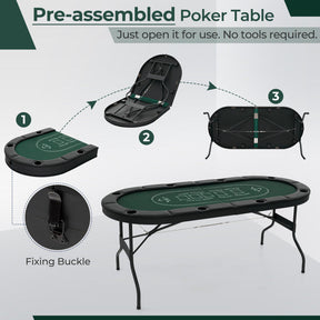 72 Inch Foldable Poker Table Portable 8 Players Card Board Game Casino Tabletop Oval Blackjack Table with Cup Holders and Anti-Slip Footpads
