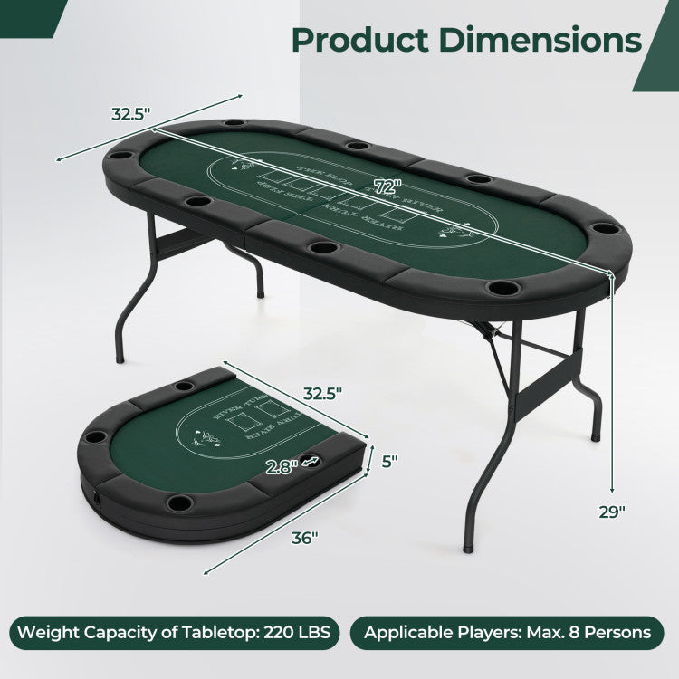 72 Inch Foldable Poker Table Portable 8 Players Card Board Game Casino Tabletop Oval Blackjack Table with Cup Holders and Anti-Slip Footpads