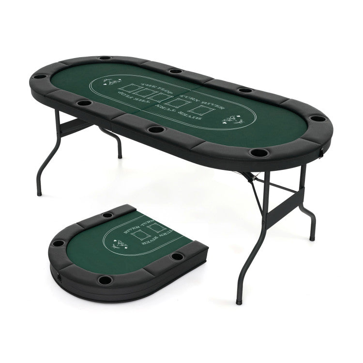 72 Inch Foldable Poker Table Portable 8 Players Card Board Game Casino Tabletop Oval Blackjack Table with Cup Holders and Anti-Slip Footpads