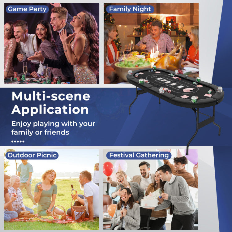 72 Inch Foldable Poker Table Portable 8 Players Card Board Game Casino Tabletop Oval Blackjack Table with Cup Holders and Anti-Slip Footpads