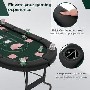 72 Inch Foldable Poker Table Portable 8 Players Card Board Game Casino Tabletop Oval Blackjack Table with Cup Holders and Anti-Slip Footpads