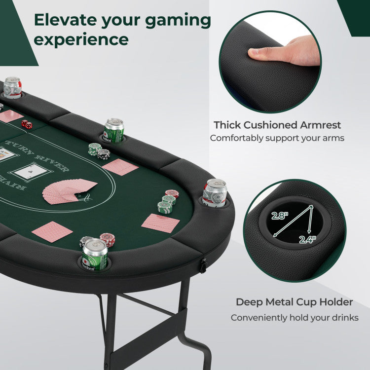 72 Inch Foldable Poker Table Portable 8 Players Card Board Game Casino Tabletop Oval Blackjack Table with Cup Holders and Anti-Slip Footpads