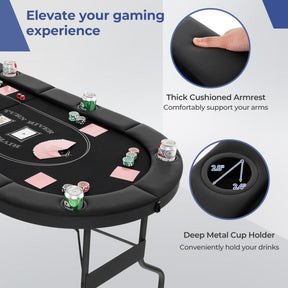 72 Inch Foldable Poker Table Portable 8 Players Card Board Game Casino Tabletop Oval Blackjack Table with Cup Holders and Anti-Slip Footpads