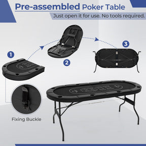 72 Inch Foldable Poker Table Portable 8 Players Card Board Game Casino Tabletop Oval Blackjack Table with Cup Holders and Anti-Slip Footpads