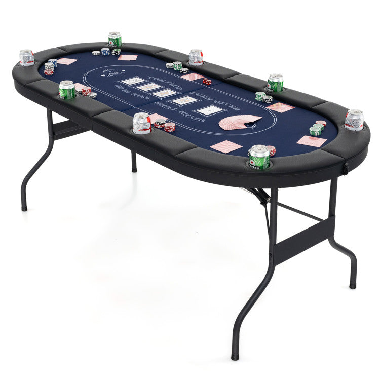 72 Inch Foldable Poker Table Portable 8 Players Card Board Game Casino Tabletop Oval Blackjack Table with Cup Holders and Anti-Slip Footpads