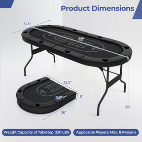 72 Inch Foldable Poker Table Portable 8 Players Card Board Game Casino Tabletop Oval Blackjack Table with Cup Holders and Anti-Slip Footpads