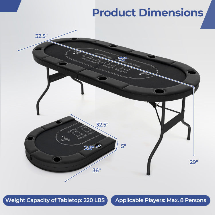 72 Inch Foldable Poker Table Portable 8 Players Card Board Game Casino Tabletop Oval Blackjack Table with Cup Holders and Anti-Slip Footpads