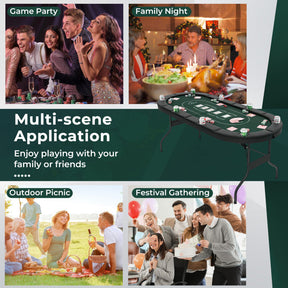 72 Inch Foldable Poker Table Portable 8 Players Card Board Game Casino Tabletop Oval Blackjack Table with Cup Holders and Anti-Slip Footpads