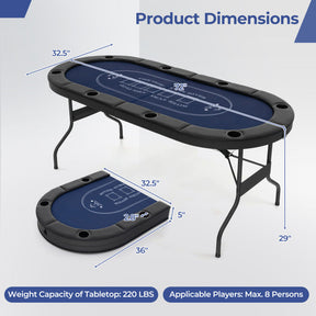 72 Inch Foldable Poker Table Portable 8 Players Card Board Game Casino Tabletop Oval Blackjack Table with Cup Holders and Anti-Slip Footpads