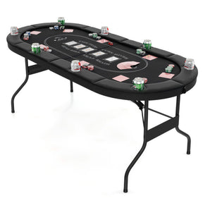 72 Inch Foldable Poker Table Portable 8 Players Card Board Game Casino Tabletop Oval Blackjack Table with Cup Holders and Anti-Slip Footpads